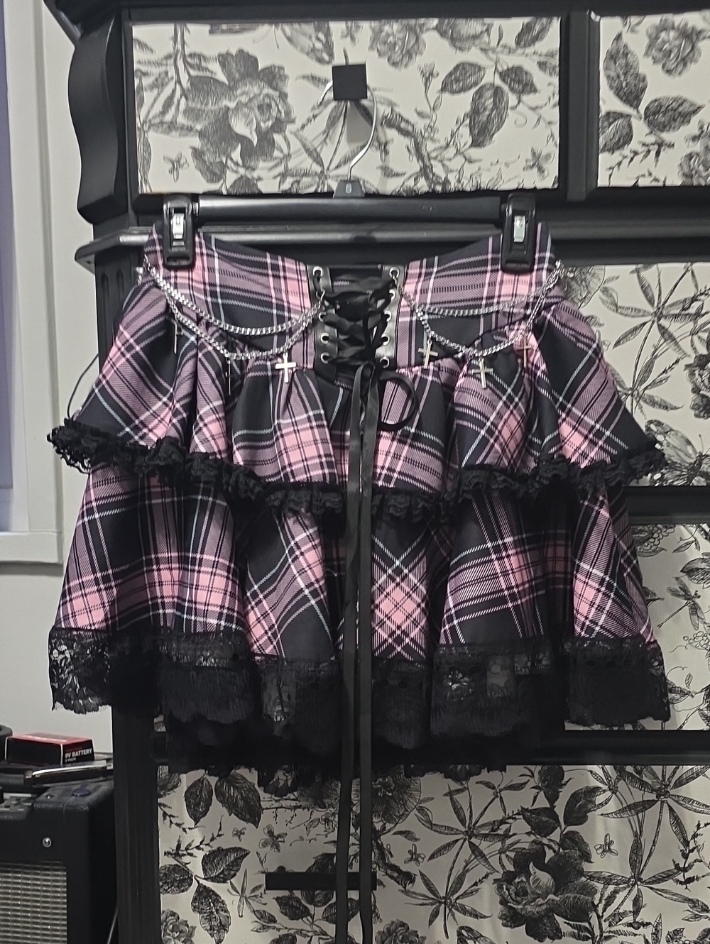 Amazon Pink and Black Plaid Lace-Up Mini Skirt with Chain Accents